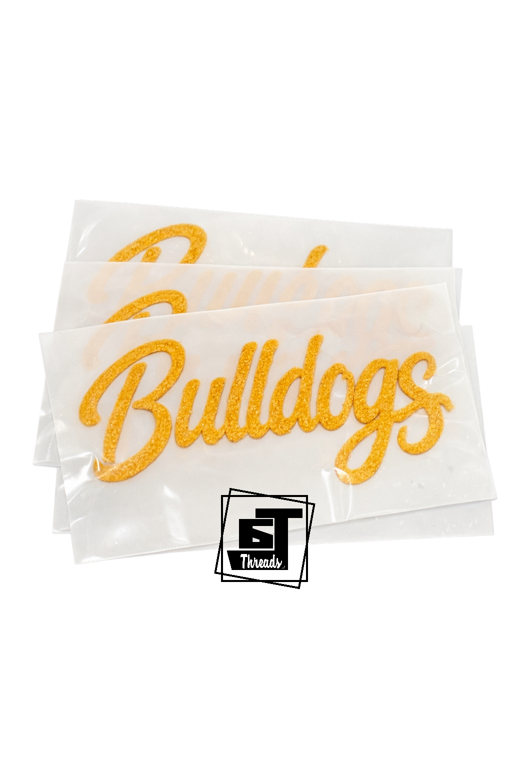 Packaged embroidery design with 'Bulldogs' text on a white background