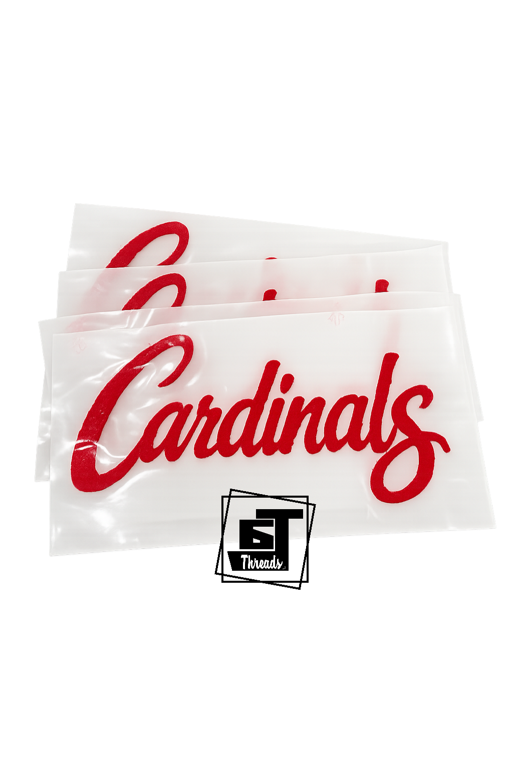 Clear plastic packages with red 'Cardinals' text on a white background