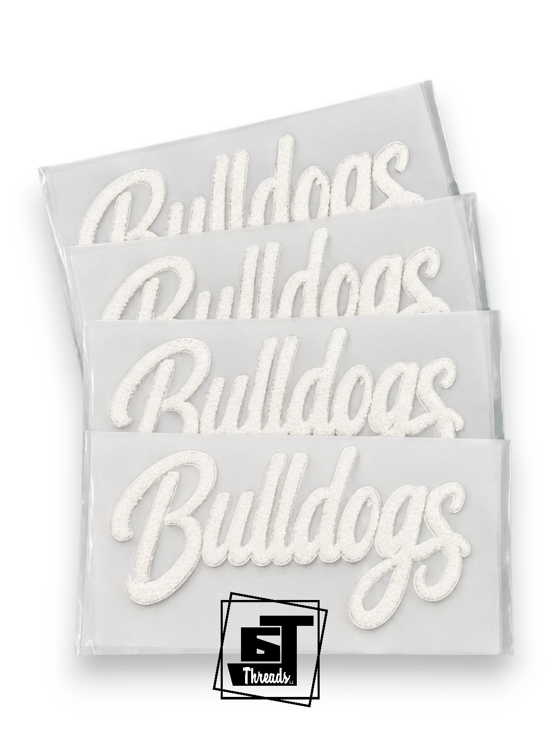 Four white embroidered patches with the word 'Bulldogs' in cursive script, stacked diagonally on a white background with a Threads logo at the bottom.