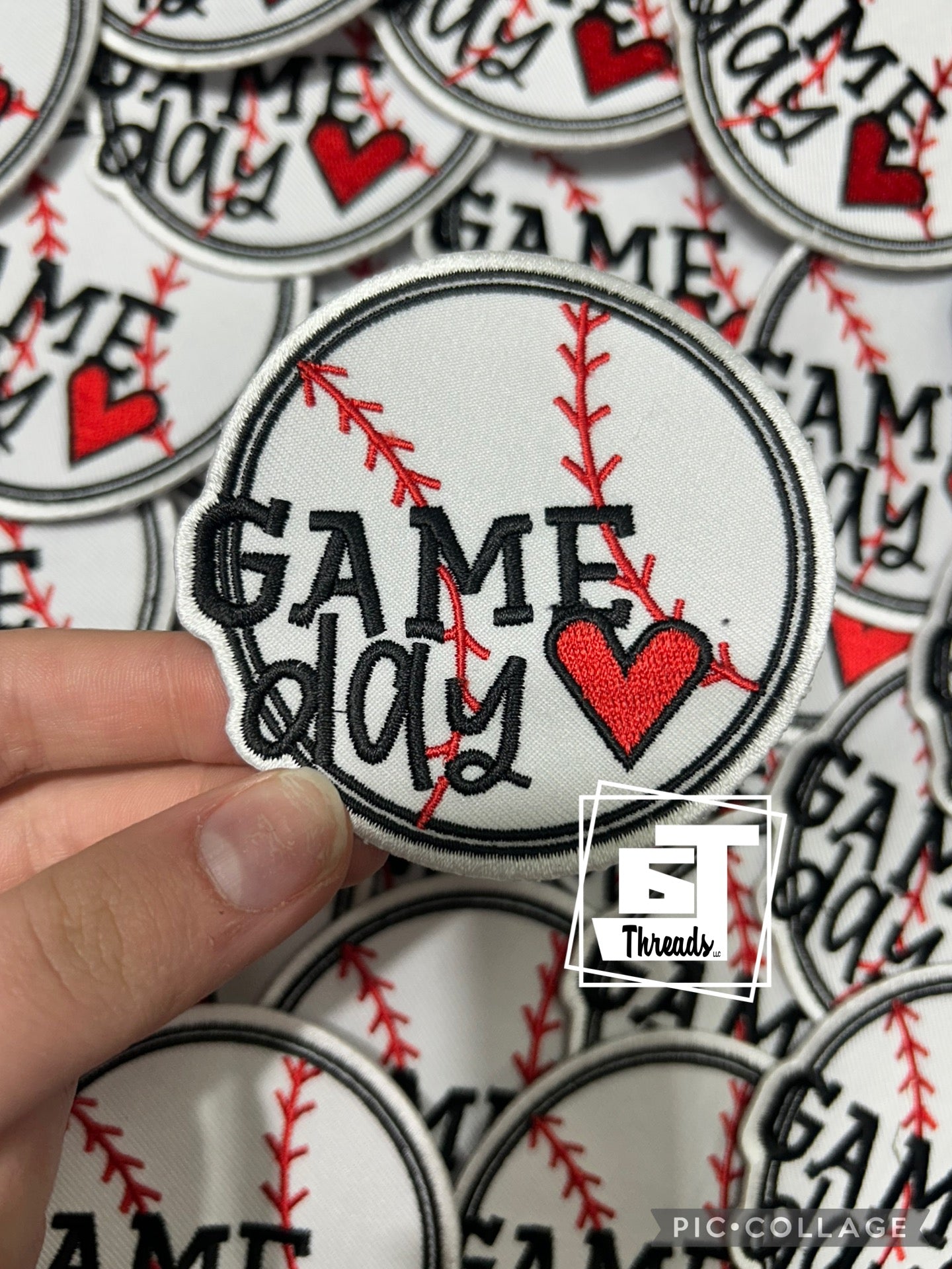 Baseball with game day and red heart cap patch