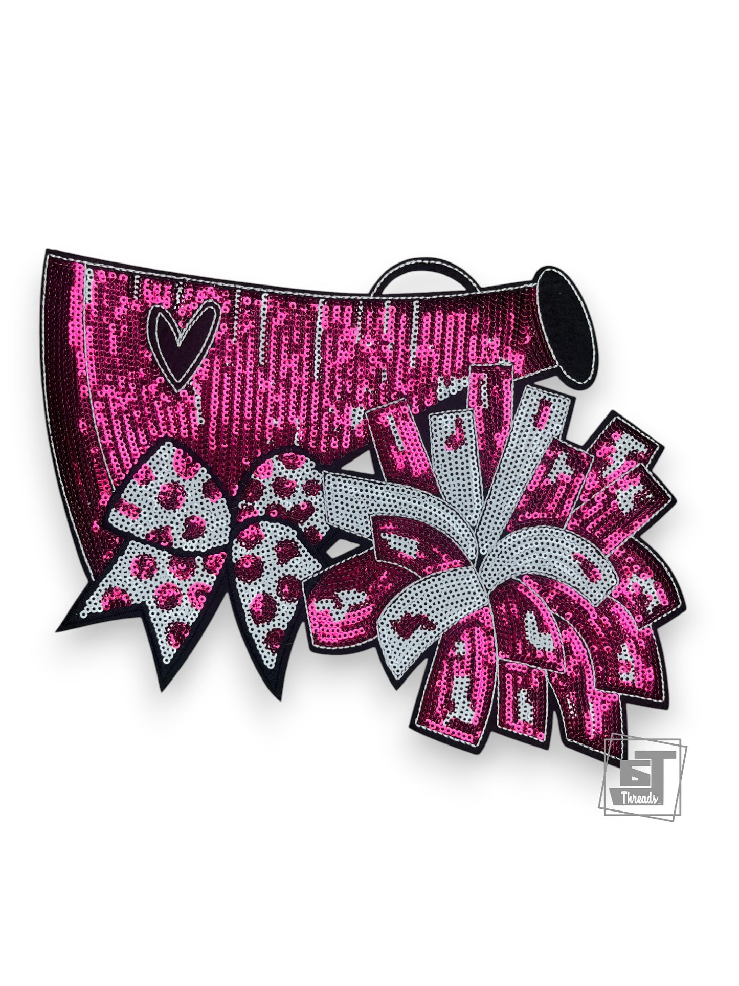 Pink and silver cheerleading bow with sequins on a white background