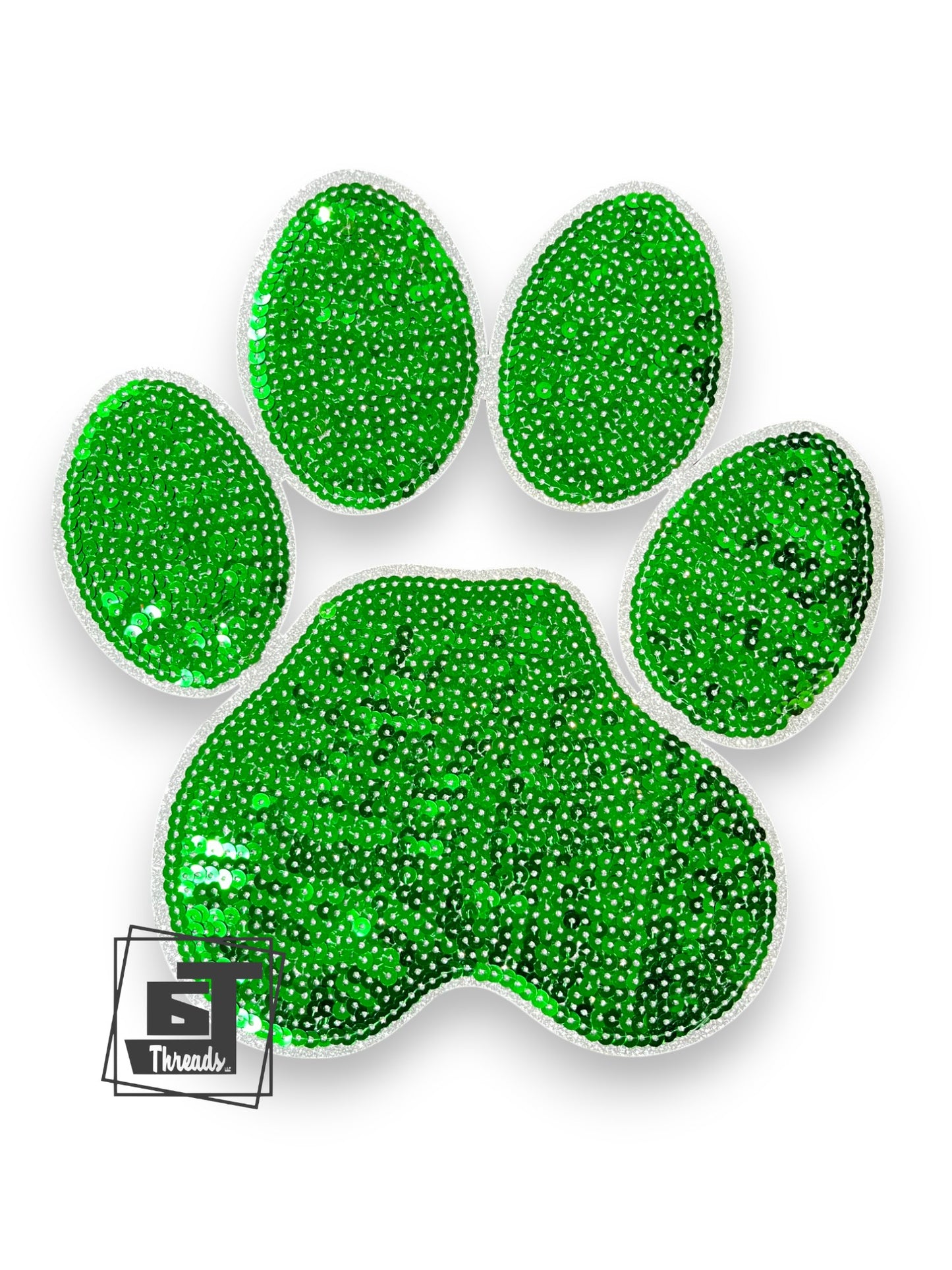 Green glittery paw print design on a white background