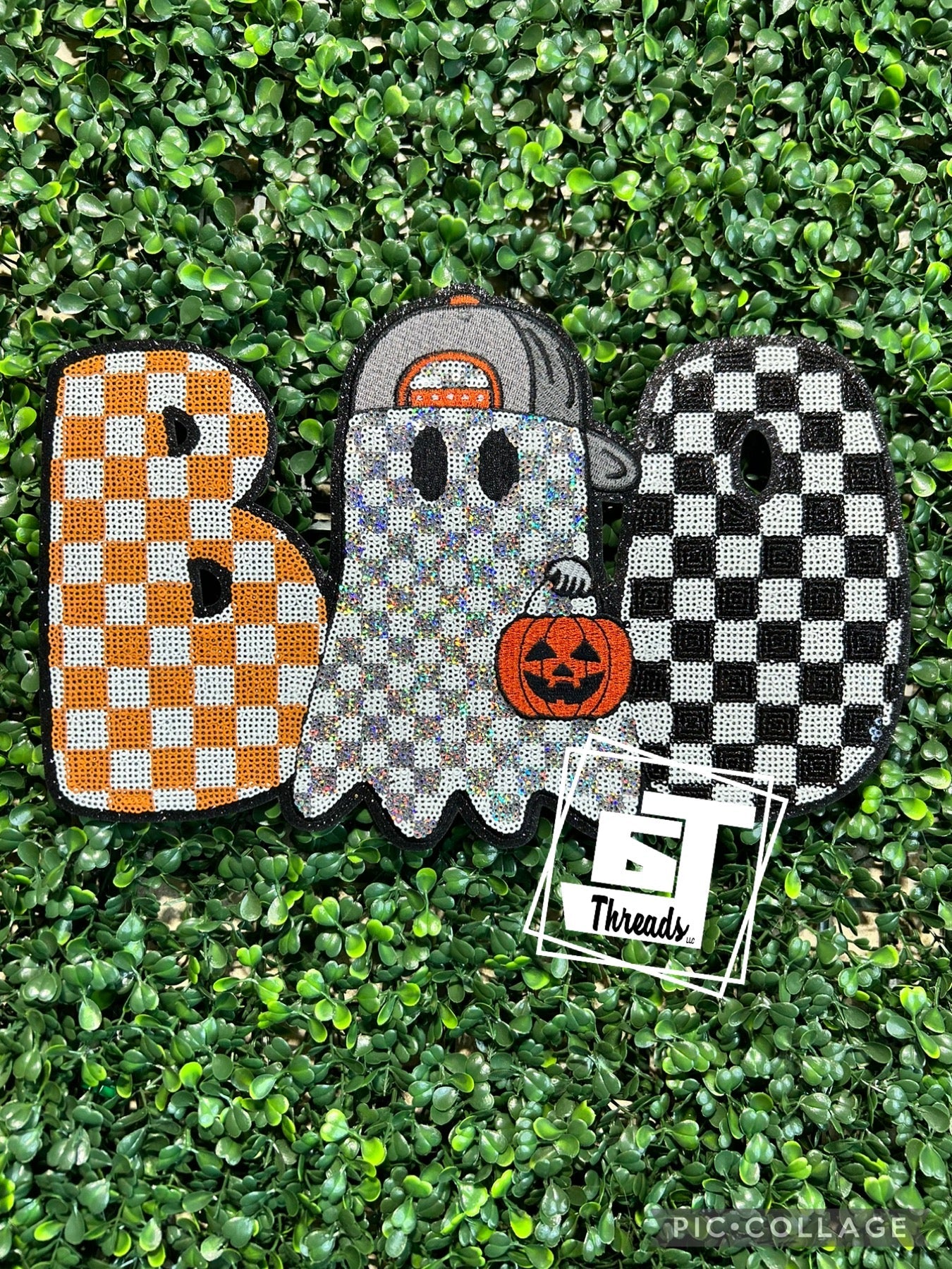 Sequin Checkered Boo iron on patch