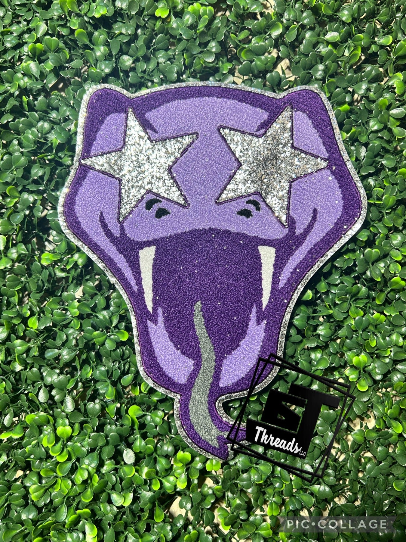 Purple chenille rattler with silver glitter back Iron on patch