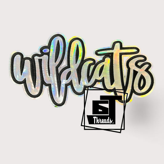 Silver metallic cursive wildcats iron on patch