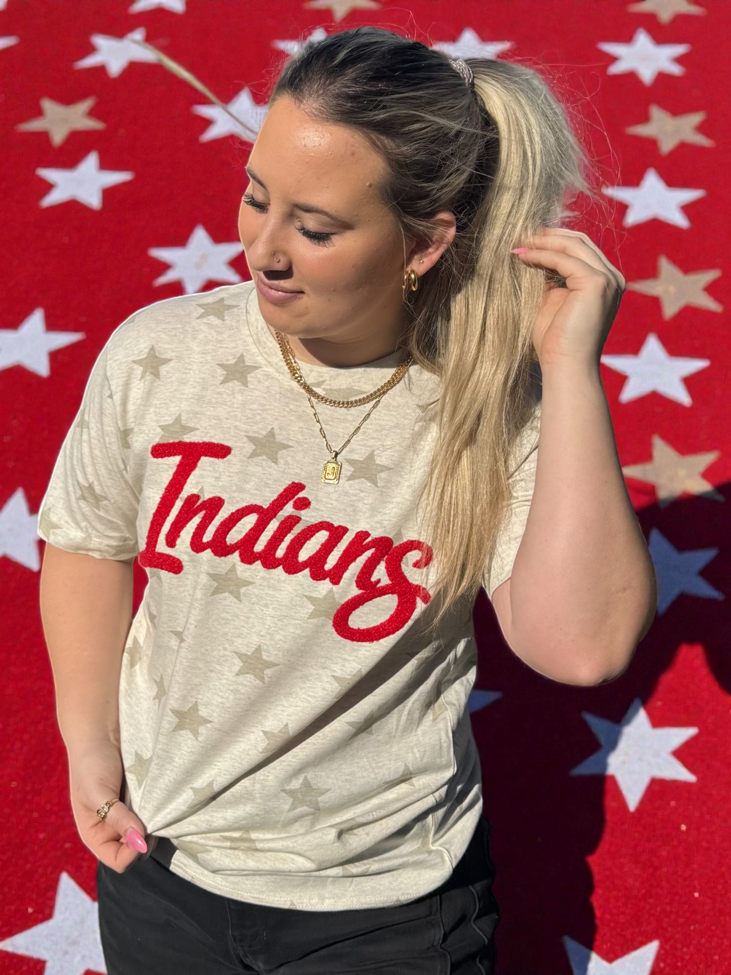 Fuzzy Cursive Red Indians T-Shirt