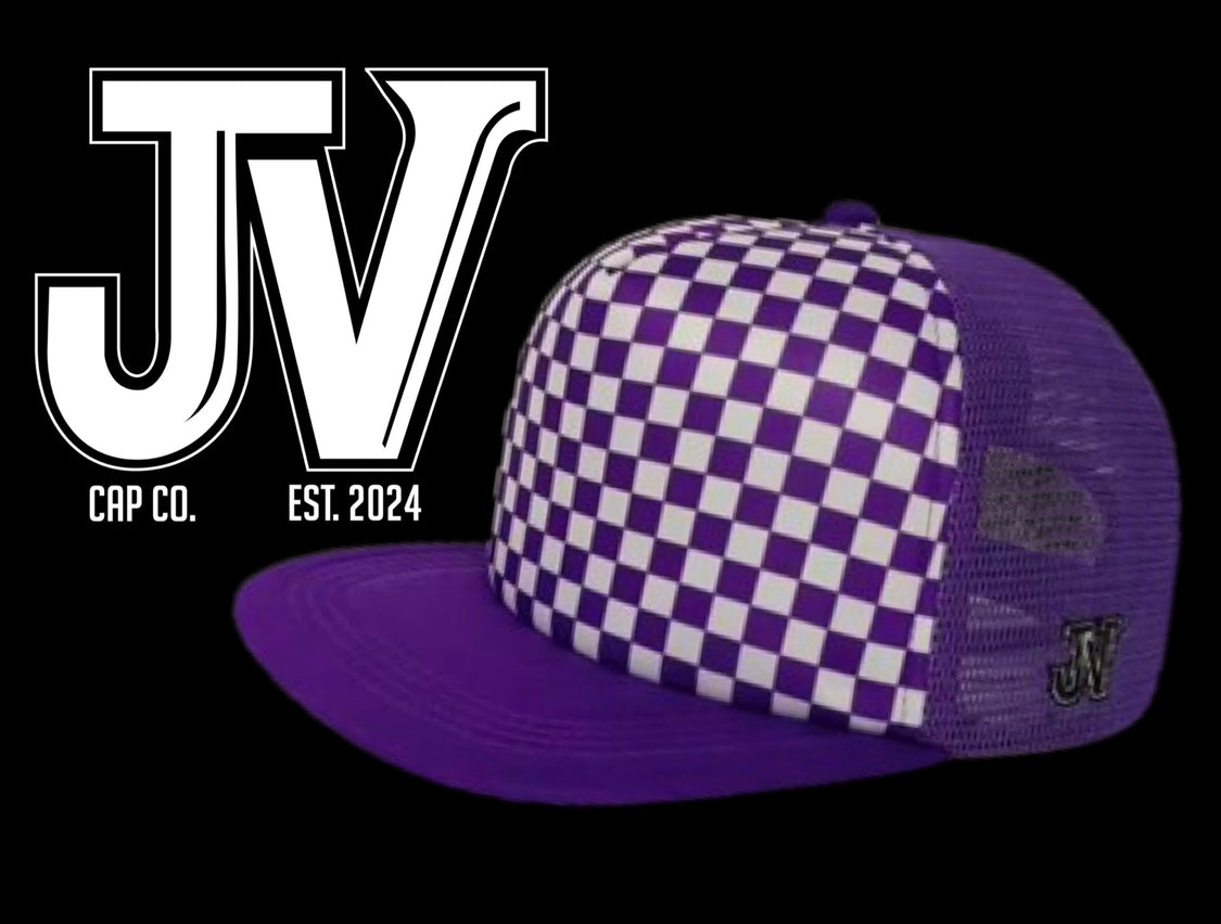 Purple checkered flat bill cap foam 