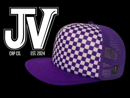 Purple checkered flat bill cap foam 