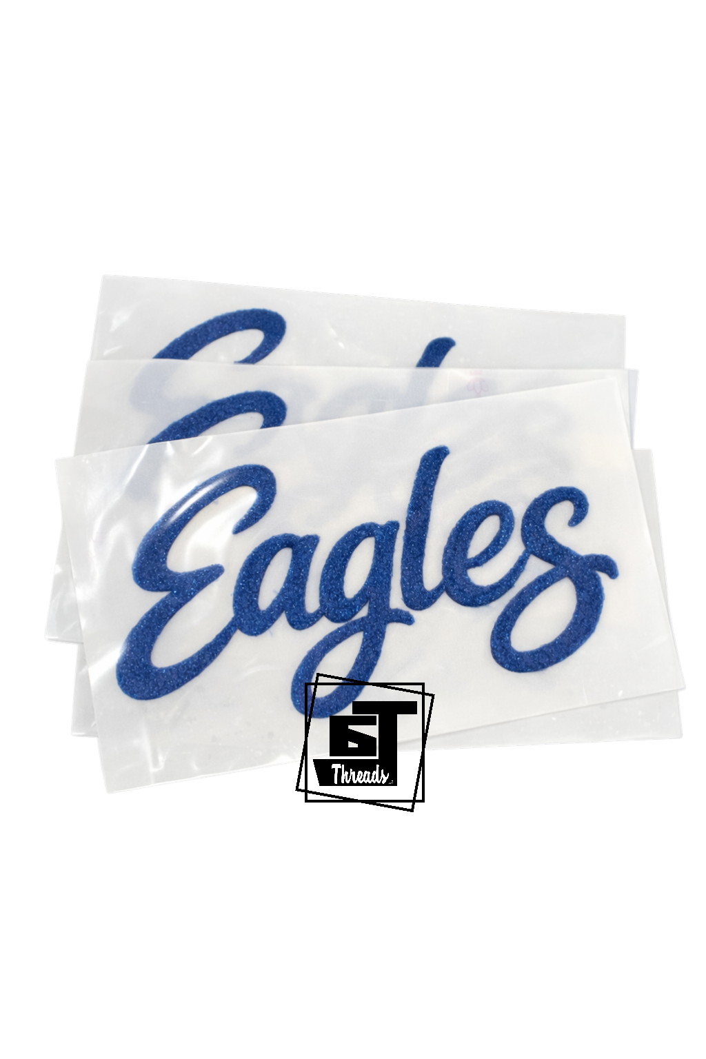 Two blue 'Eagles' stickers on clear plastic sheets with a brand logo in the corner.