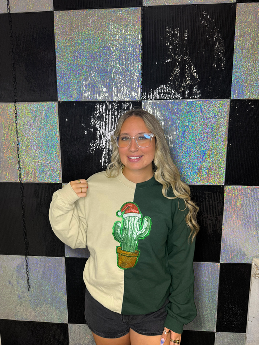 Split Crewneck Forest Green/Sand- Cactus With Santa Hat