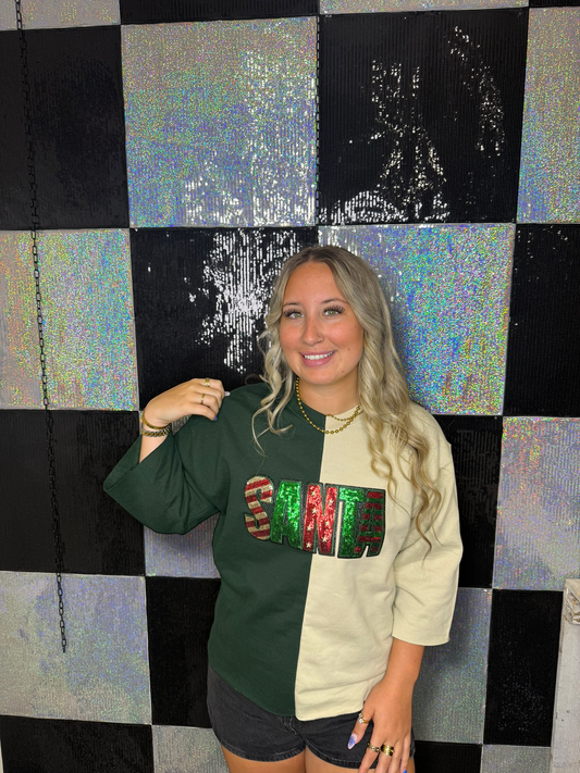 Split Crewneck Red/Forest Green - Block  Sequins Santa