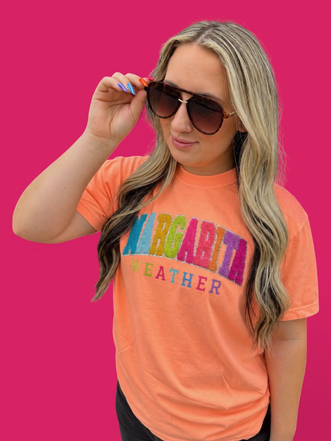 Fuzzy/Fabric Multicolored Margarita Weather Word Patch T-Shirt