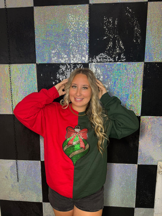 Split Crewneck Red/Forest Green - Ornament and Bow Sequins Patch