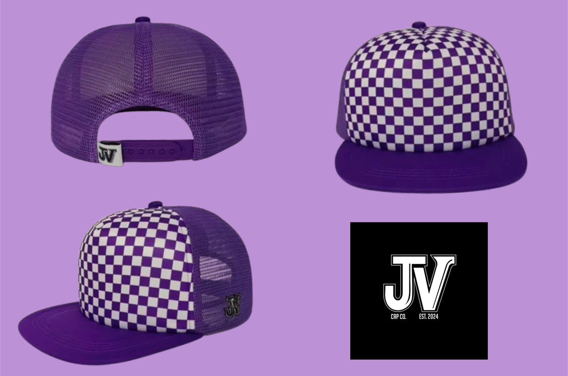 Purple checkered cap from all sides 