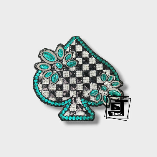 checkered turquoise spade sequin iron on patch