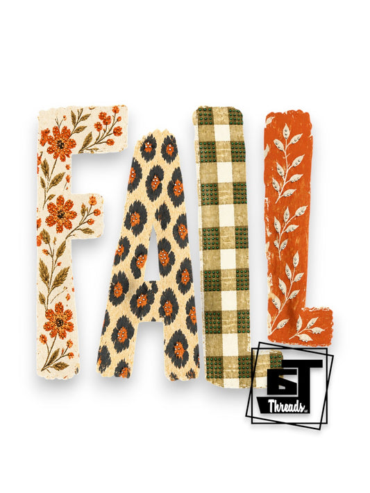 Four decorative fabric letters spelling FALL arranged horizontally on a white background. The letters feature distinct autumn patterns: floral print, ikat leopard print, green and beige plaid, and orange botanical print.