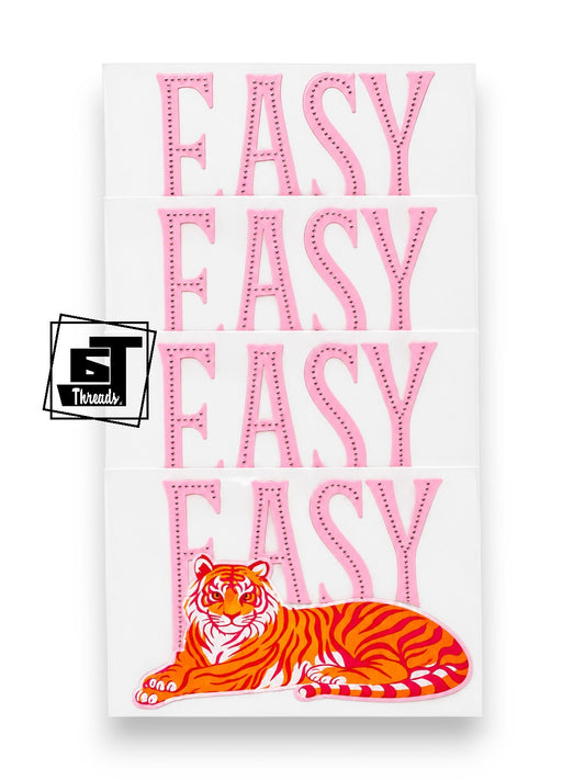 Embroidery design with 'EASY' text and a tiger on a white background