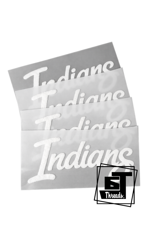 Three 'Indians' decals stacked on top of each other with a logo in the corner.