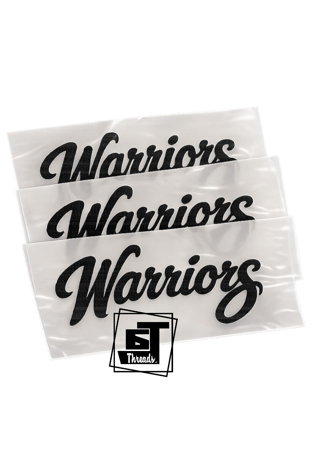 Three decals with 'Warriors' text on clear plastic sheets, featuring a brand logo in the corner.