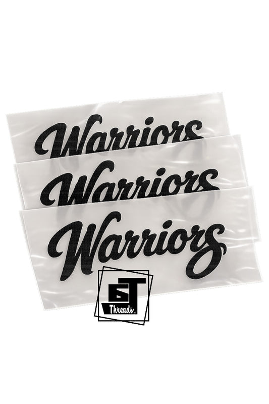 Three decals with 'Warriors' text on clear plastic sheets, featuring a brand logo in the corner.