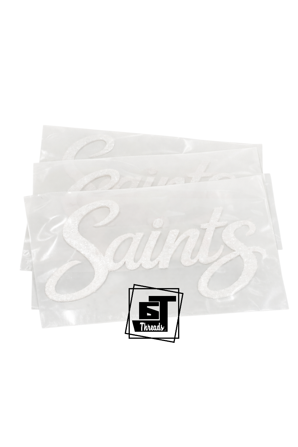 White 'Saints' decals with a logo in the corner on a white background