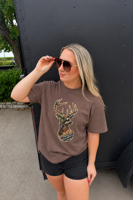 Fabric patchwork Deer Head T-Shirt ( Estimated ship date 9/15)