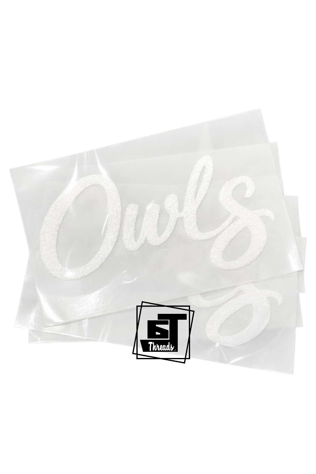 Clear plastic sheet with 'Owls' text and a logo on a white background