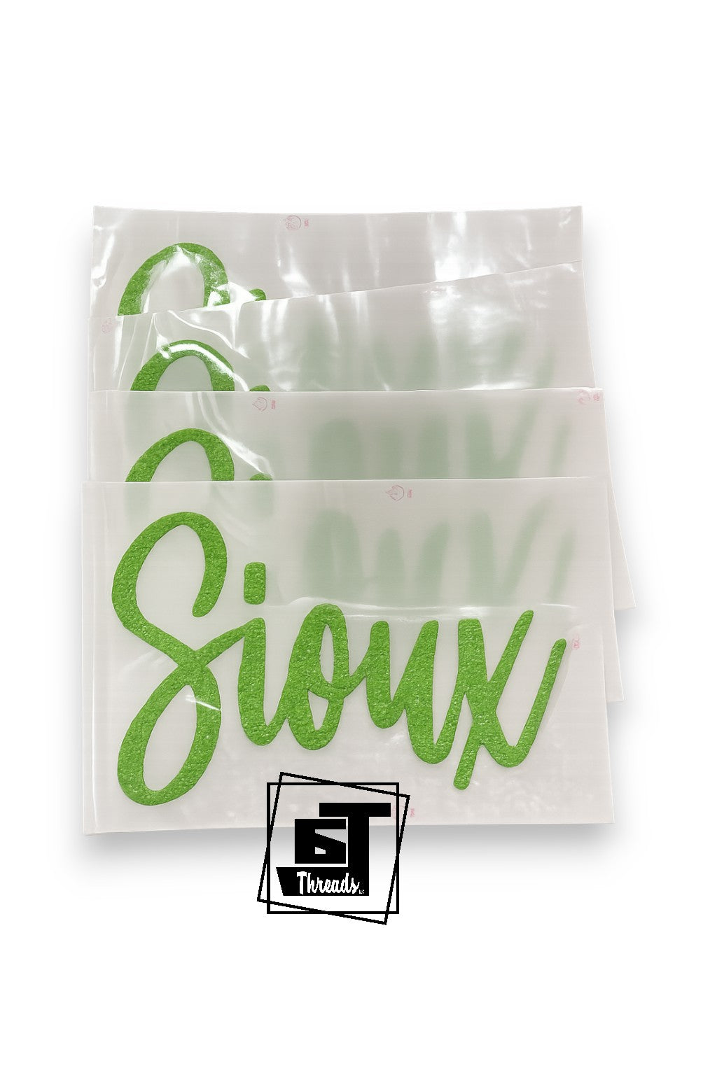 Clear plastic bag with green text 'Sioux' on a white background