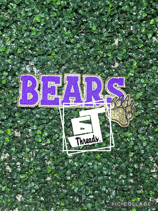 purple chenille bears with gold glitter paw iron on patch