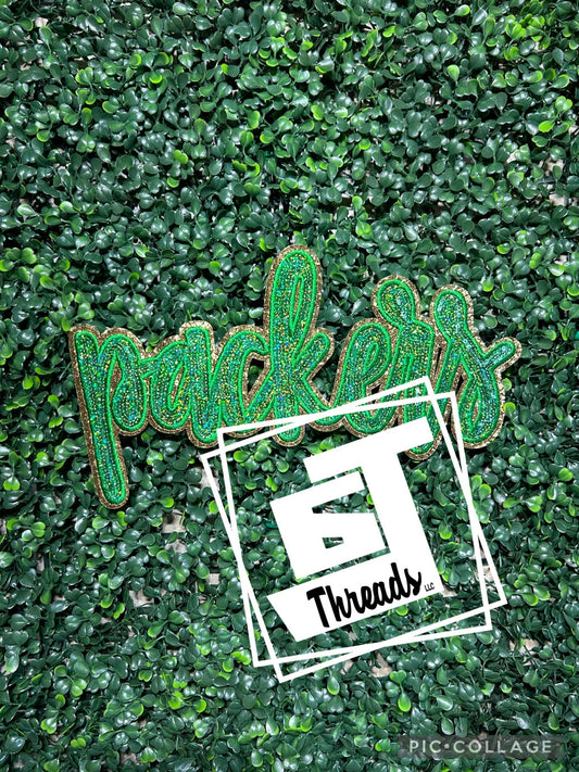 green and gold cursive sequin packers iron on patch