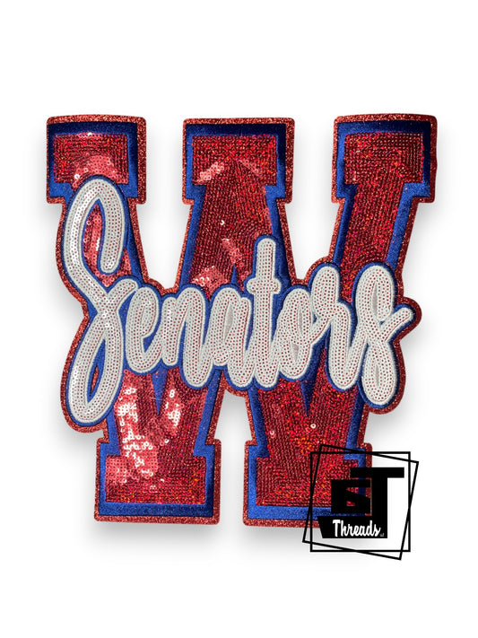 Measurements 10 inches wide by 10 inches tall
Red and blue w cursive Senators with blue embroidery and red glitter background
Iron-on Patch