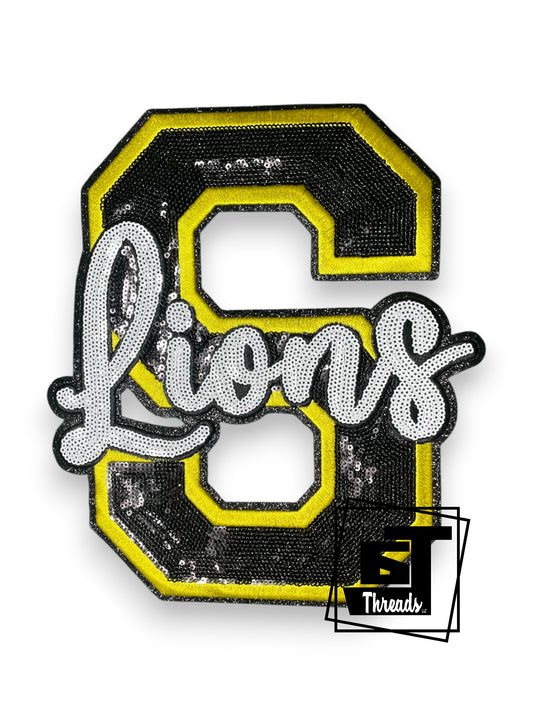 Measurements 8.5 inches wide and 10 inches tall
Black block S cursive lions with yellow embroidery and black glitter background
Iron-on Patch