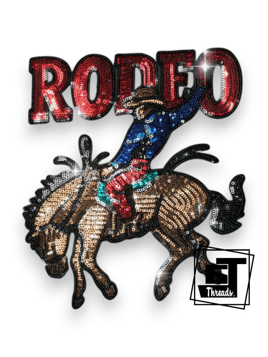 Measurements: 8.5 inches wide by 10 inches tall
Red sequin rodeo riding bronc with glitter background
Iron-on Patc