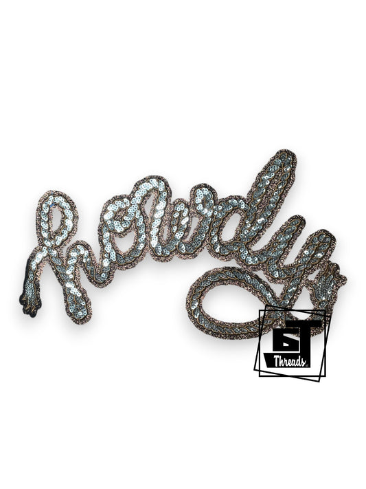 Measurements 10 inches wide by 6 inches tall
Brown Sequin Howdy Rope western patch with brown embroidery and brown glitter background
Iron-on Patch