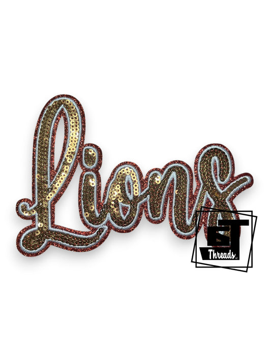 Measurements: 5 inches wide by 3.5 inches tall
Gold Cursive sequin Lions with white embroidery and orange glitter background
Iron-on Patch
