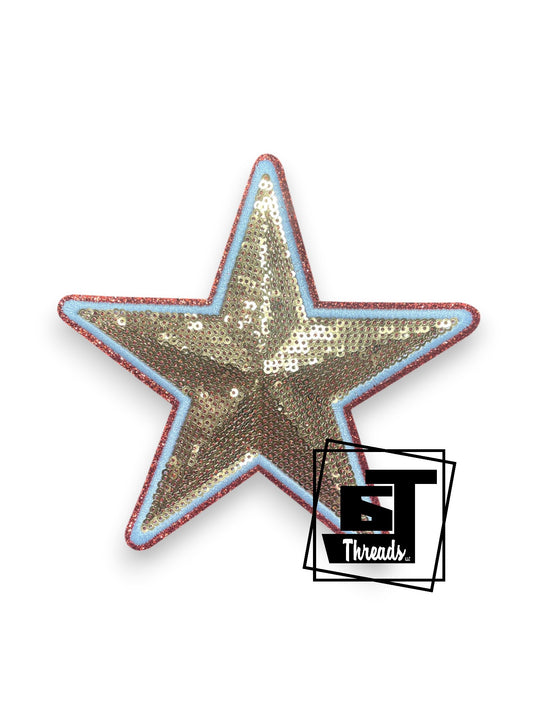 Measurements: 5.5 inches wide by 5 inches tall
Gold sequin star patch with white embroidery and orange glitter background
Iron-on patch