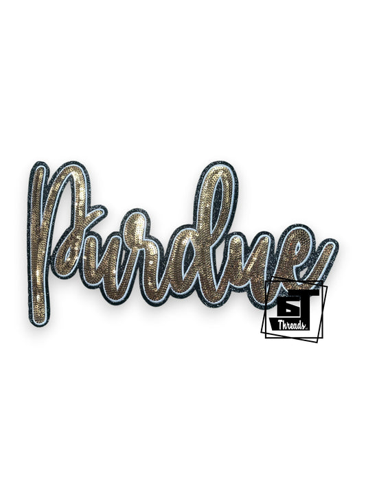Measurements: 12 inches wide by 6 inches tall
Gold cursive sequin purdue patch with white embroidery and black glitter background
Iron-on Patch