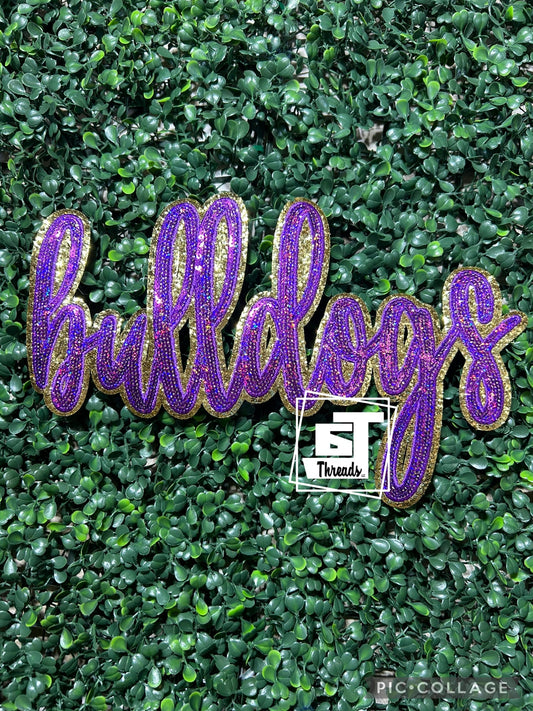 Purple Cursive Sequin Bulldogs iron on patch