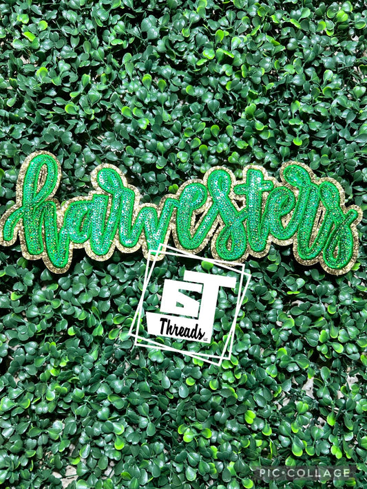 green and gold cursive sequin harvesters iron on patch
