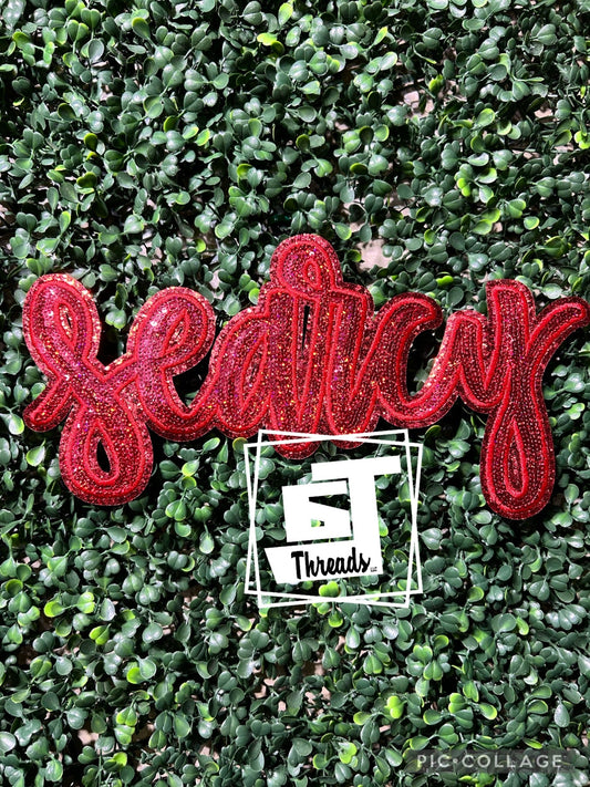red cursive sequin searcy iron on patch