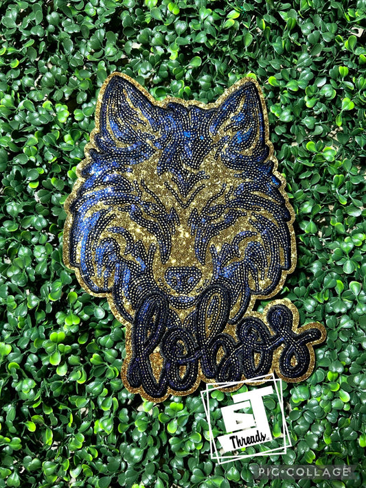 navy and gold sequin lobo mascot head iron on patch