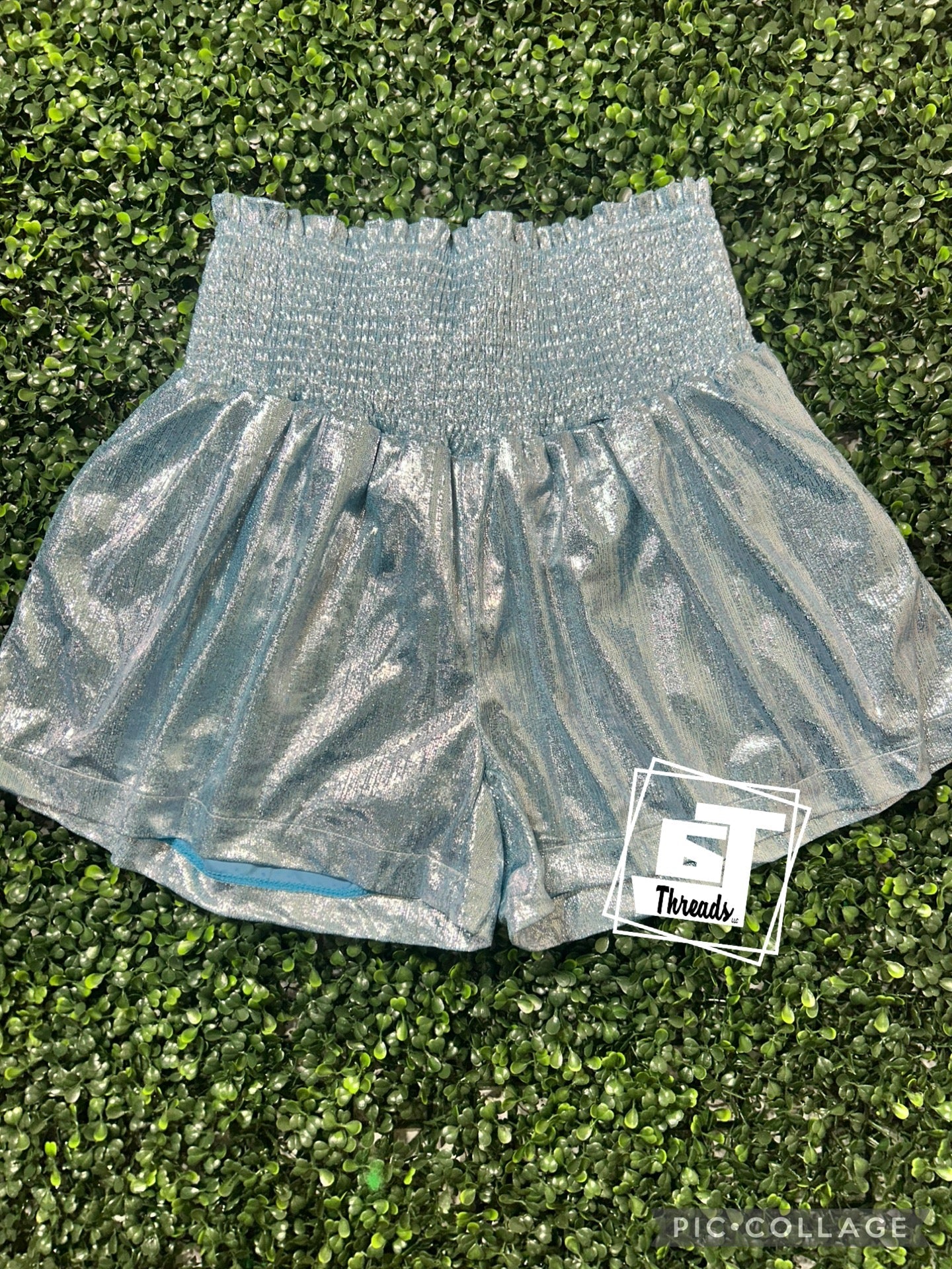 light blue metallic shorts