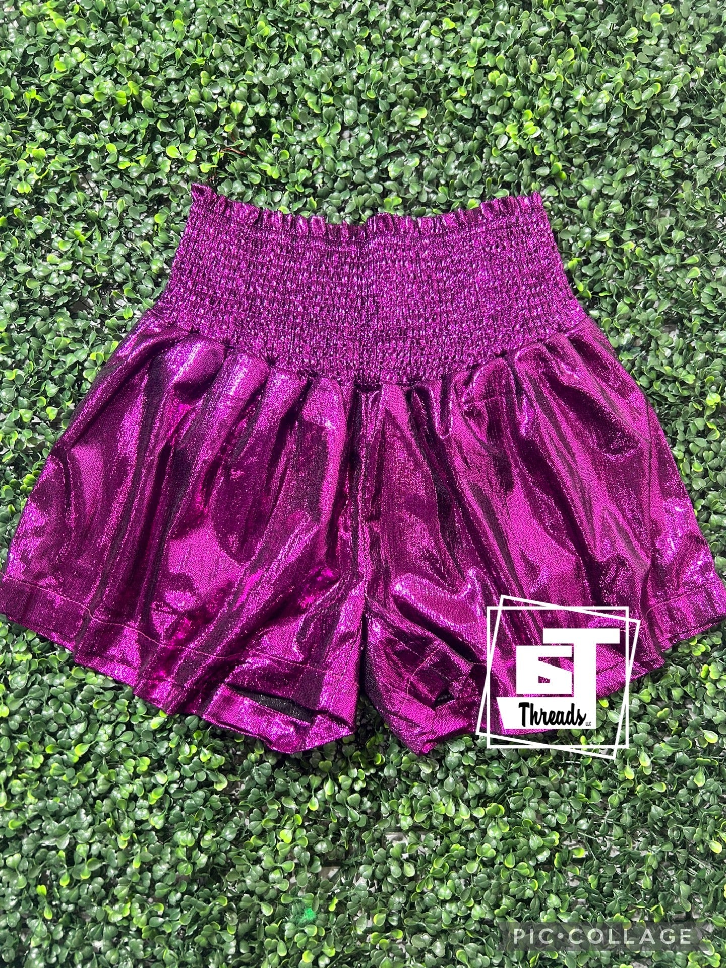 purple metallic shorts