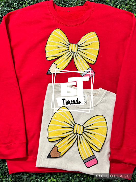Red Pencil Bow sequins, and on a white shirt
