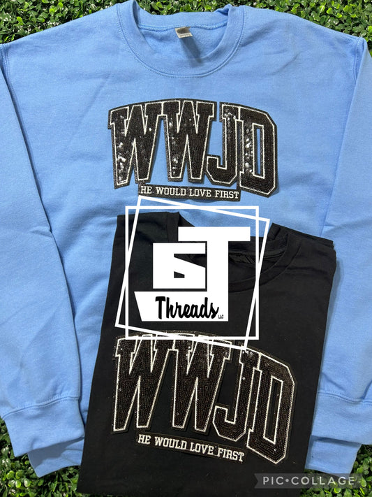 WWJD sequins patch on blue crewneck