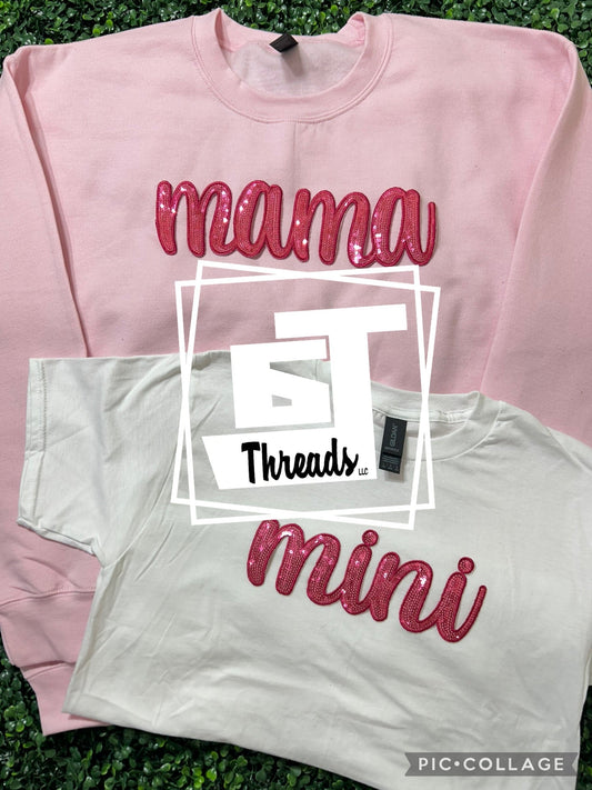 cursive sequin mama and mini patches on light pink sweatshirt and white shirt