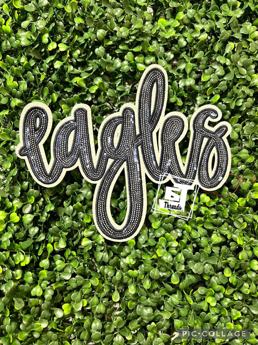 YOUTH Navy and white Cursive Sequin Eagles iron on patch