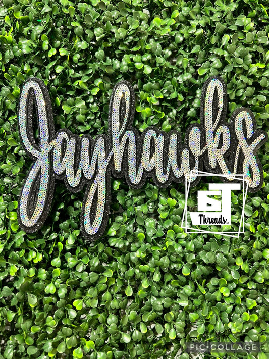 Silver Cursive Sequin Jayhawks iron on patch