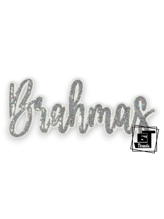 Silver glittery word 'Brahmas' with a brand logo on a white background