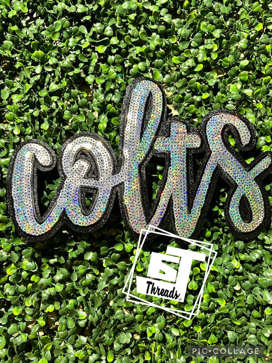 silver cursive sequin colts iron on patch